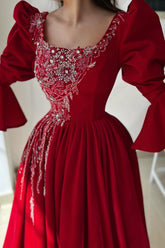 Obsessing Long Red A-line Square Neck Lace Prom Evening Dresses with Long Sleeves